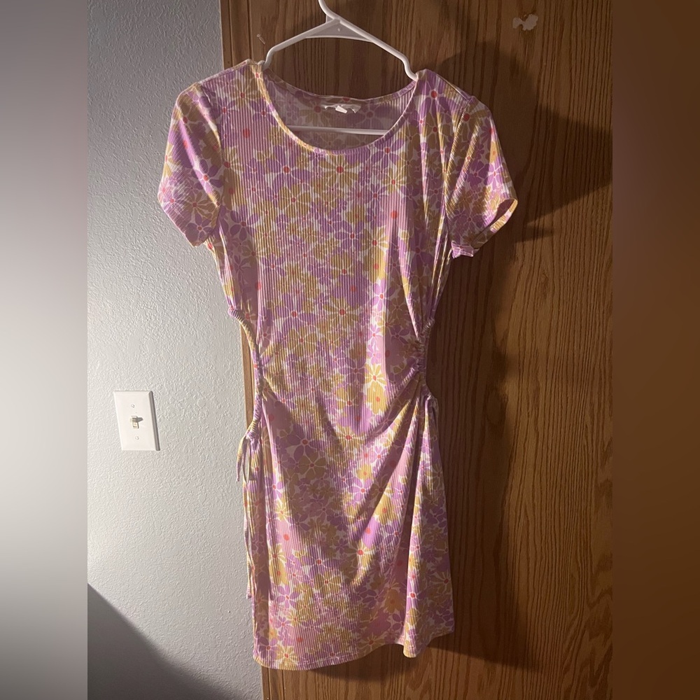 LT Flattering Adjustable Cutout Mini Dress Ruched Bodycon Autumnal Flowers White